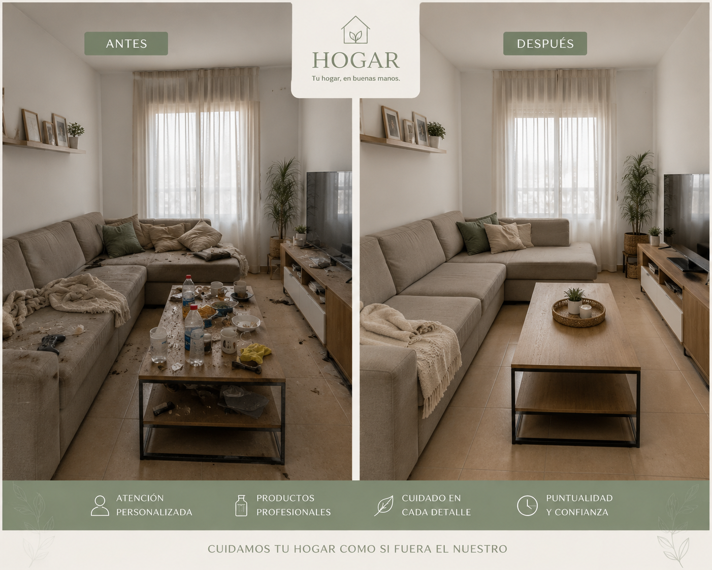 Antes y después de salón — limpieza en Écija por HOGAR
